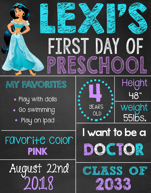 Princess Jasmine First Day of School Sign