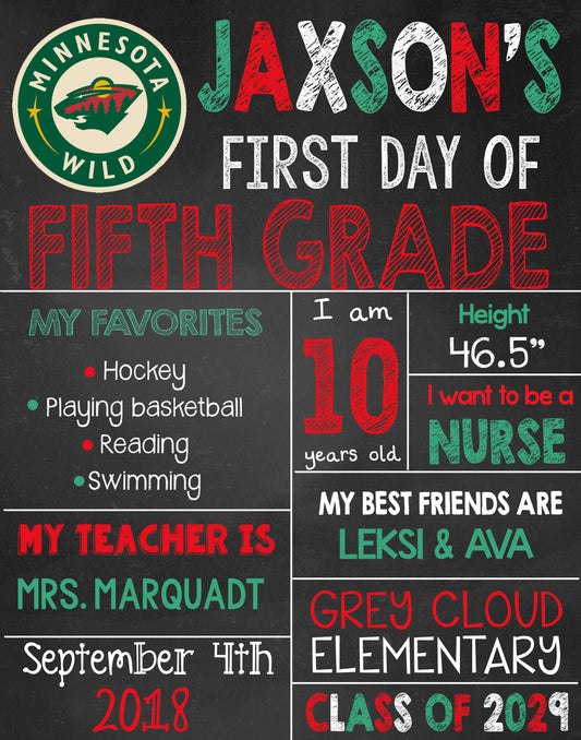 MN Wild First Day of School Sign