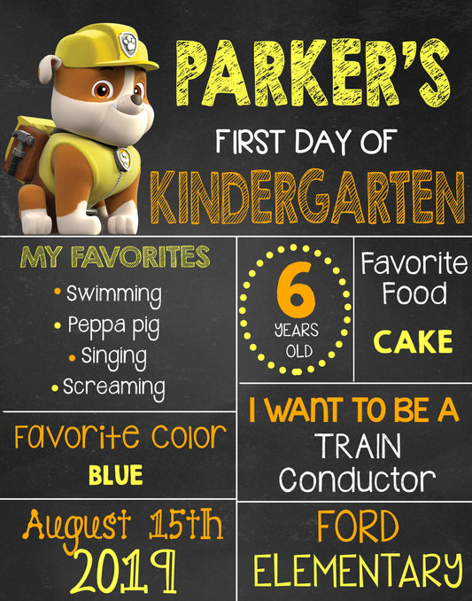 Rubble Paw Patrol School Sign