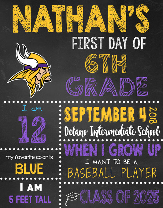 MN Vikings First Day of School Sign